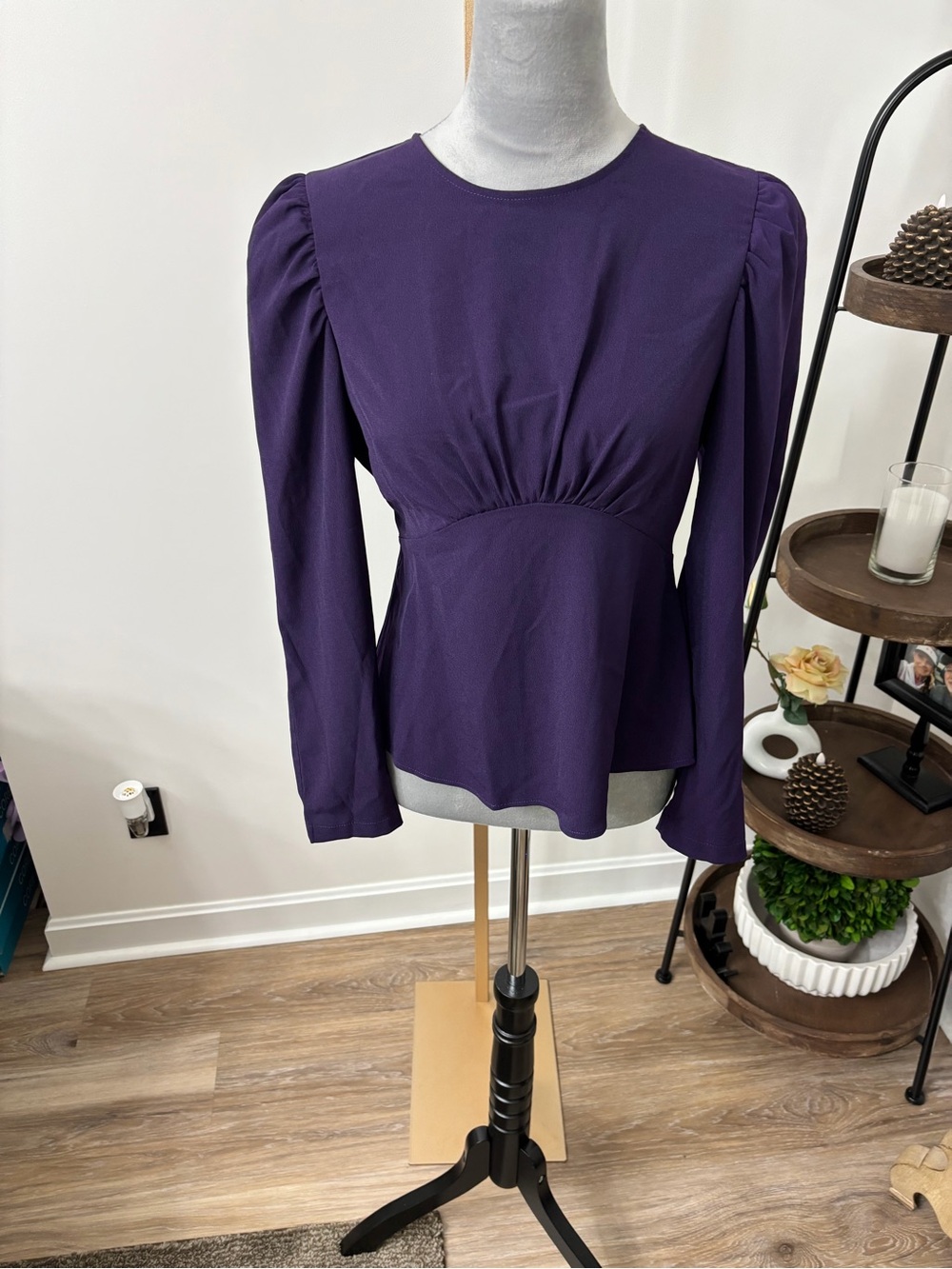Express Purple Long Sleeve Peplum Puff Shoulder Blouse